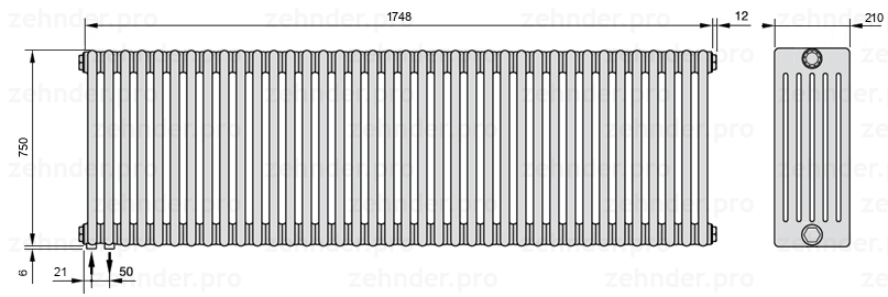Схема (чертеж) Радиатор Zehnder Charleston 6075/38 №3370 Белый глянцевый RAL 9016